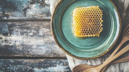 A closer look at a piece of honeycomb resting on a beautiful green plate, surrounded by wooden utensils, set against a rustic wooden table. Perfect for food imagery.の素材