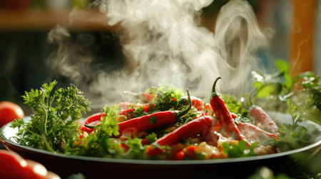 Experience a mouthwatering display of fresh ingredients featuring steaming red chili peppers and aromatic herbs, perfect for a delicious and enticing culinary creation.の素材