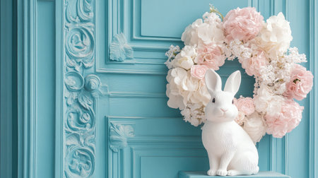 A delightful white bunny figurine beside a stunning floral wreath creates a serene atmosphere against a blue wall, ideal for springtime decor or festive celebrations.の素材