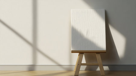 A blank canvas resting on a wooden easel captures soft natural light and intricate shadow patterns, embodying a serene minimalist space perfect for artistic expression.の素材