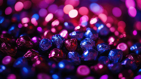 A vibrant arrangement of colorful paper-wrapped candies on a surface, beautifully illuminated by soft glowing lights in a festive atmosphere perfect for celebrations.の素材