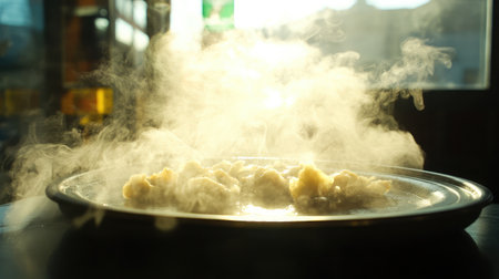A close-up shot capturing steam rising from freshly prepared dumplings on a metallic plate, showcasing the warmth and inviting ambiance of Asian culinary traditions.の素材