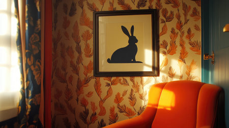 A charming living room scene featuring a vibrant orange armchair, an artistic rabbit print on a floral wallpaper backdrop, and warm sunlight filtering through the window.の素材