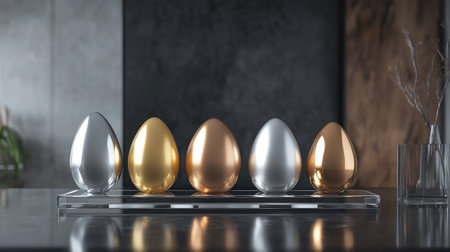 A stylish arrangement of metallic eggs in silver, gold, and bronze hues on a sleek stand, set in a modern interior, perfect for inspiring contemporary decor ideas.の素材