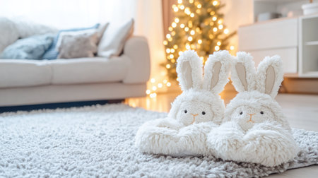 A cozy indoor scene featuring cute bunny slippers placed on a soft carpet, with a beautifully lit Christmas tree in a warm and inviting living room. Perfect for festive vibes.の素材