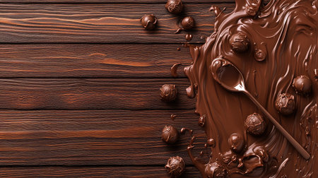 A sumptuous scene showcasing melted chocolate artfully spread across a dark wooden surface, complemented by glossy chocolate balls and a wooden spoon for a decadent dessert display.の素材