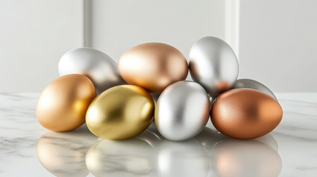 A beautiful arrangement of gold, silver, and bronze eggs resting on a polished marble surface, creating a stylish and luxurious atmosphere, perfect for festive celebrations or modern decor.の素材