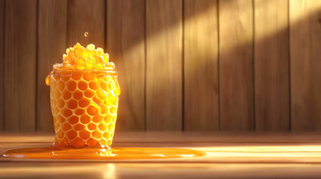 A stunning image showcasing a jar filled with honeycomb, spilling golden honey onto a rustic wooden surface, illuminated by warm natural light, perfect for food-related themes.の素材