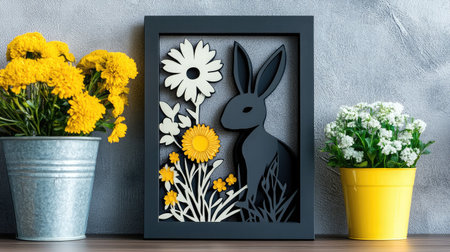 Beautiful black rabbit silhouette surrounded by colorful flowers in stylish pots. Perfect for spring home decor and nature-inspired artwork showcasing creativity and modern design.の素材