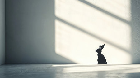A minimalist scene featuring the shadow of a rabbit cast by natural light, creating a calming atmosphere that evokes feelings of solitude and reflection within a stylish interior space.の素材