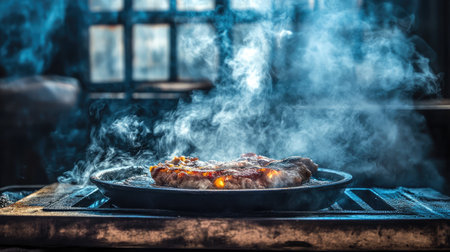 A mouthwatering steak sizzles in a cast iron pan, releasing flavorful smoke in a rustic kitchen, showcasing the essence of culinary craftsmanship and inviting delicious aroma.の素材