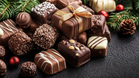 A beautiful arrangement of assorted gourmet chocolates decorated for festive occasions, showcasing rich flavors and textures, ideal for celebrations or gift giving.の素材