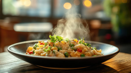 A steaming bowl of vibrant pasta filled with fresh herbs and vegetables, captured in a cozy restaurant. The warm atmosphere and inviting lighting create a delightful culinary experience.の素材