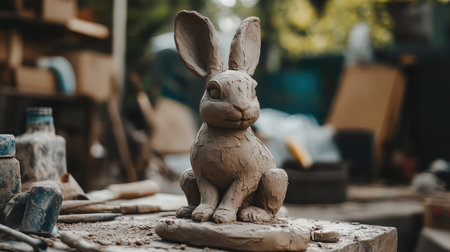 Captivating clay rabbit sculpture set in a workshop, showcasing the artist's skill with intricate textures and earthy tones, perfect for art and craft enthusiasts.の素材