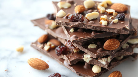 A tempting view of stacked dark chocolate bark embellished with nuts and dried fruits, creating a delightful treat ideal for health-conscious individuals and chocolate enthusiasts.の素材