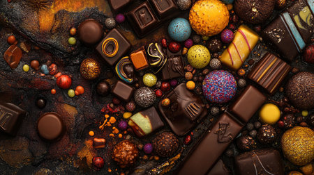 A visually appealing display of assorted chocolates and candies featuring vibrant colors and textures. Perfect for dessert themes and showcasing culinary art.の素材