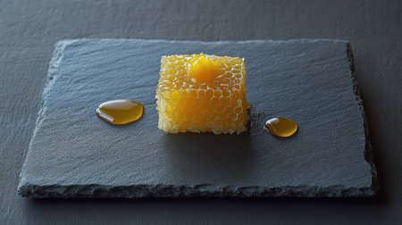 This stunning image features a refined honeycomb piece artistically placed on a dark slate plate, accompanied by delicate honey droplets, perfect for culinary inspiration.の素材