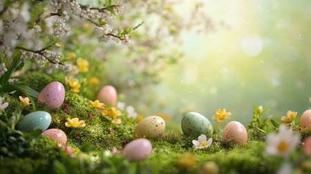 A serene scene featuring colorful Easter eggs placed in a lush garden, surrounded by vibrant flowers and soft sunlight, perfect for capturing the essence of spring celebrations.の素材