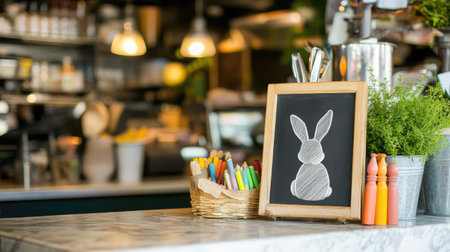 A charming wooden chalkboard displaying a bunny silhouette, surrounded by colorful art supplies, enhances the warm and inviting atmosphere of a cozy cafe setting.の素材