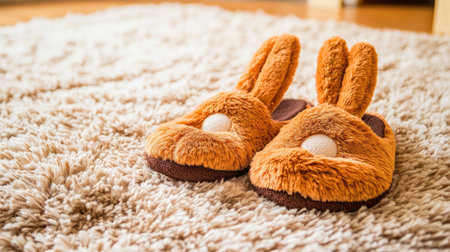 These adorable brown bunny slippers add a touch of whimsy and comfort to any home setting, perfect for cozy moments after a busy day.の素材