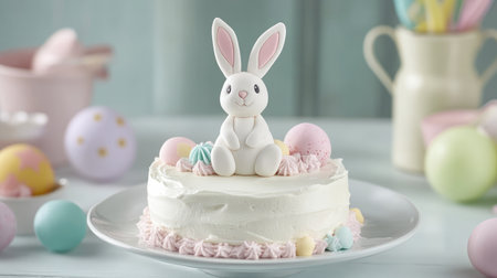 Delightful cake designed for Easter featuring an adorable bunny and colorful eggs, perfect for celebrations. Ideal for spring desserts and festive occasions.の素材