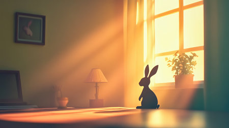 A tranquil interior scene featuring a rabbit figurine casting a gentle shadow, warm sunlight streaming through a window, and a harmonious plant, creating a serene ambiance.の素材