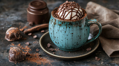 Enjoy a warm cup of hot chocolate topped with cream and chocolate shavings, beautifully presented in a rustic blue mug, perfect for cozy moments or festive gatherings.の素材