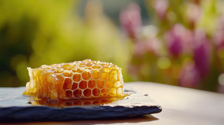 A stunning close-up of fresh honeycomb on a slate plate, showcasing the natural sweetness and rich texture, set against a soft focus outdoor background, perfect for food enthusiasts.の素材