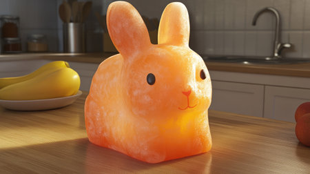 A delightful bunny-shaped lamp emits a soft orange glow, enhancing the cozy atmosphere of a modern kitchen. Perfect for playful decor and ambiance.の素材