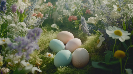 Delight in a tranquil spring scene showcasing beautifully colored Easter eggs nestled among vibrant flowers and lush greenery, Perfect for seasonal celebrations and nature-themed projects.の素材