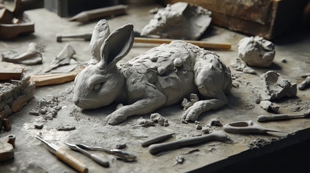 A serene scene showcasing a detailed rabbit sculpture crafted from clay, surrounded by various artistic tools, highlighting the creative process in a pottery studio.の素材