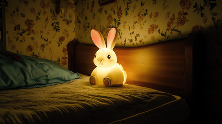A charming bedroom scene featuring a delightful rabbit lamp casting a warm glow. The floral wallpaper adds a cozy touch, perfect for a child's room.の素材