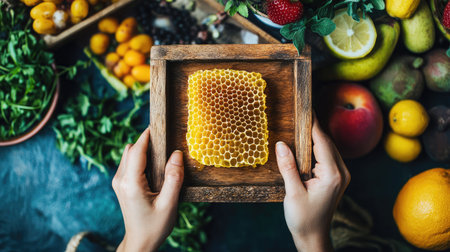 Beautifully arranged honeycomb in hands surrounded by fresh fruits and vegetables on a rustic table, showcasing a healthy lifestyle and vibrant colors. Perfect for food enthusiasts and inspired chefs.の素材