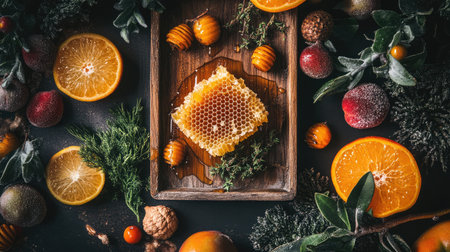 A stunning display of honeycomb on a rustic wooden table surrounded by fresh oranges and seasonal decorations, perfect for showcasing natural ingredients and culinary aesthetics.の素材