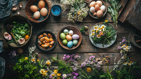 This beautiful composition showcases fresh eggs, herbs, and colorful flowers arranged on a rustic wooden table, ideal for spring recipes and festive celebrations.の素材