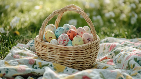A beautifully arranged woven basket filled with pastel-colored Easter eggs, nestled on a floral blanket in a serene spring setting, perfect for festive joy and holiday spirit.の素材