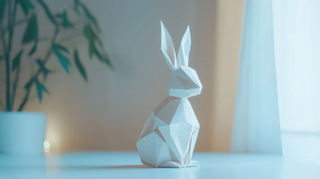 A striking low-poly white rabbit sculpture set against a softly lit background, emphasizing simplicity and artistry in modern interior design with a calming ambiance.の素材