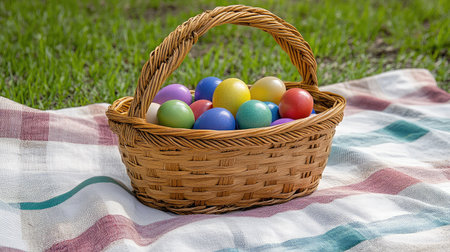 A woven basket filled with vibrant, colorful eggs rests on a checkered blanket amid fresh green grass, creating a joyful and festive outdoor atmosphere perfect for spring celebrations.の素材