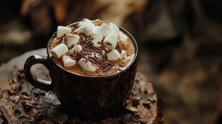 This image features a rich hot chocolate topped with fluffy marshmallows and chocolate shavings, set in a rustic environment to evoke warmth and comfort.の素材