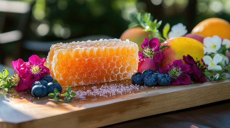 A stunning arrangement featuring fresh honeycomb set amidst an array of colorful fruits and flowers on a wooden board, showcasing natural beauty and vibrant flavors.の素材