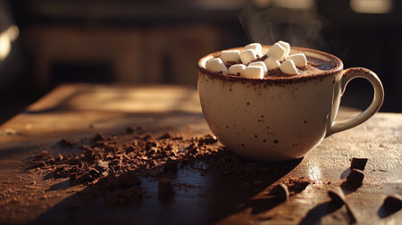 A steaming cup of rich hot chocolate topped with fluffy marshmallows, set on a rustic wooden table, creating a perfect cozy ambiance for winter indulgence.の素材