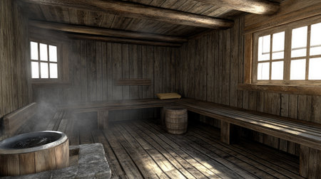 Explore a serene wooden sauna interior featuring benches, large windows, and steam. This cozy space invites relaxation and wellness activities for rejuvenation.の素材