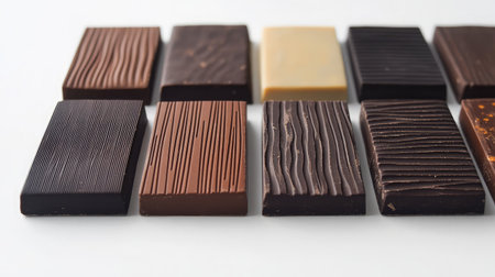 A stunning assortment of chocolate bars presented in a row, highlighting different textures and colors, ideal for food lovers and culinary creativity inspiration.の素材