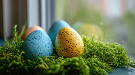 Discover a charming arrangement of colorful speckled easter eggs nestled in lush green moss, creating a vibrant and inviting spring atmosphere in a cozy indoor space.の素材
