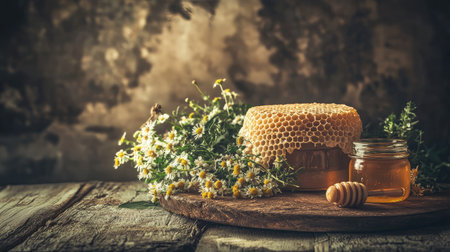 A beautifully arranged rustic scene featuring fresh honeycomb, a jar of honey, and delicate flowers on a wooden table, evoking a sense of natural sweetness and simplicity.の素材