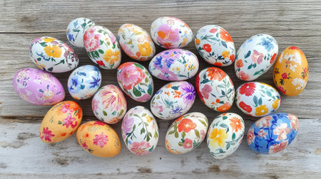 A vibrant collection of decorative Easter eggs featuring beautiful floral patterns, arranged on a rustic wooden surface, perfect for spring celebrations and festive decor inspiration.の素材