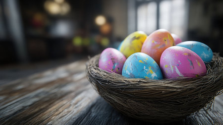 Discover a beautiful arrangement of colorful Easter eggs nestled in a rustic wooden bowl, perfect for enhancing your spring celebrations and decorating ideas.の素材