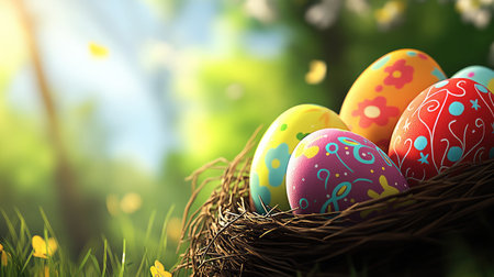 A vibrant display of colorful Easter eggs nestled in a natural nest, set amidst lush green grass and delicate flowers, capturing the essence of springtime joy and celebration.の素材