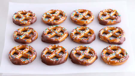 An appetizing display of chocolate covered pretzels adorned with colorful sprinkles, perfect for parties, celebrations, or as a delightful sweet snack.の素材