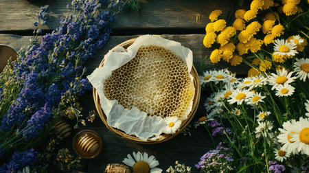 A beautiful honeycomb showcased in a basket, surrounded by colorful flowers and herbs on a wooden surface, emphasizing a connection to nature and organic beauty.の素材